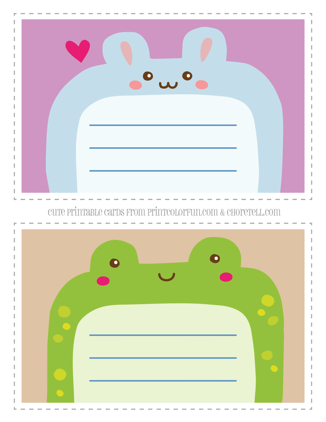 Cute printable animal notecards for kids Rabbit & frog coloring page