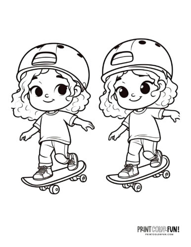 2 girls skateboarding with helmets on at PrintColorFun com