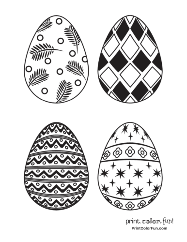 Four eggs with pretty patterns to color