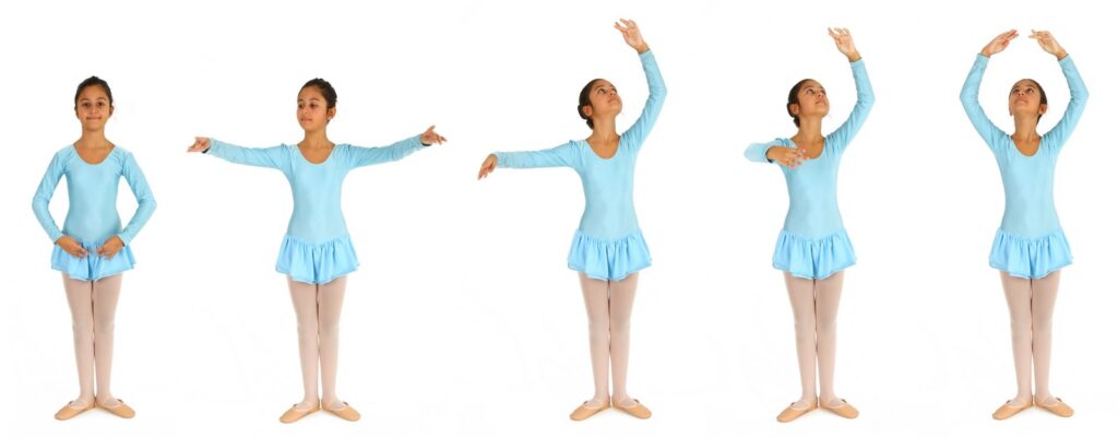 5 positions of classical ballet - Girl ballerina in blue costume