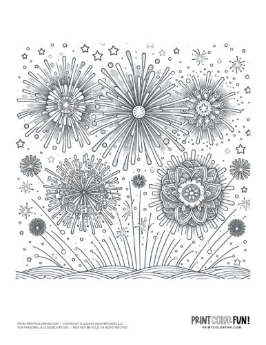 A big fireworks display in the sky coloring page clipart from PrintColorFun com