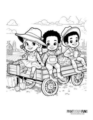 A fun hay ride on a farm cart coloring page from PrintColorFun com