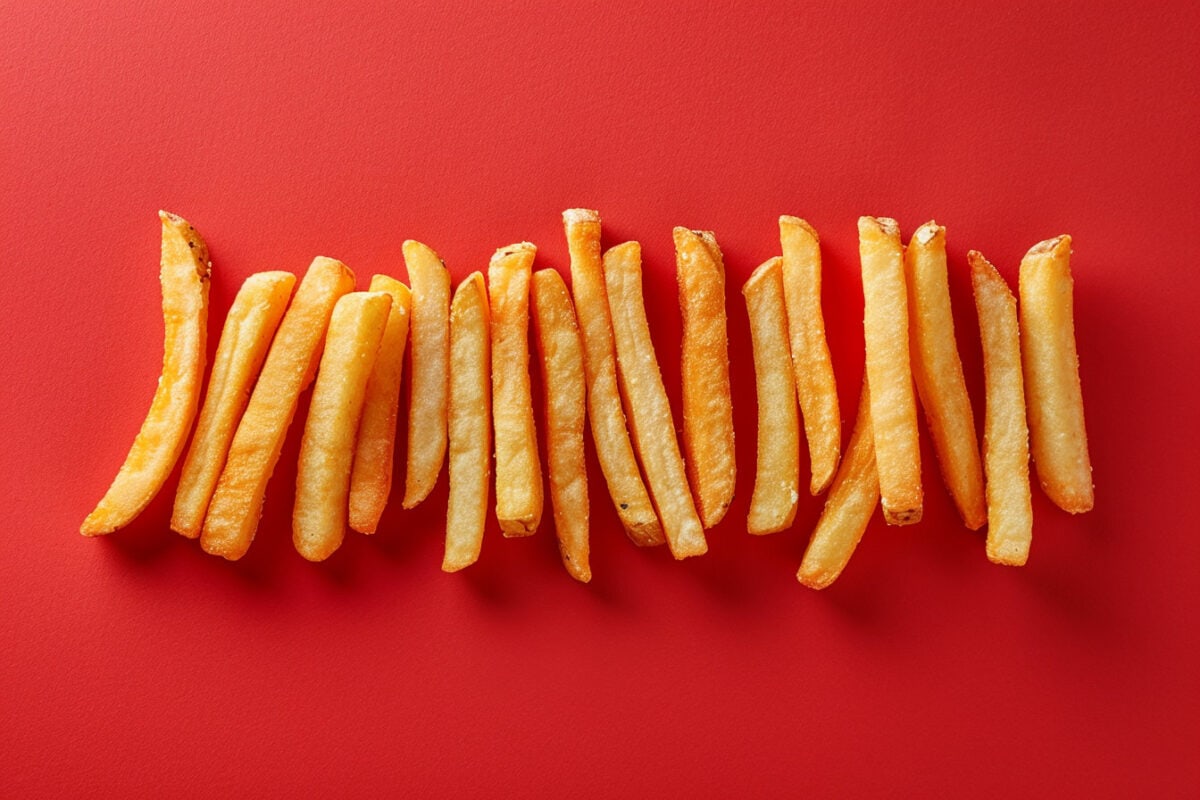 A line of French fries on red background at PrintColorFun com