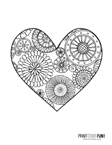Abstract flower pattern heart coloring page