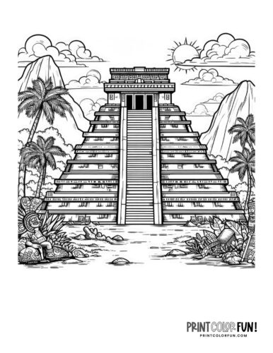 Ancient Mayan pyramid adult coloring page