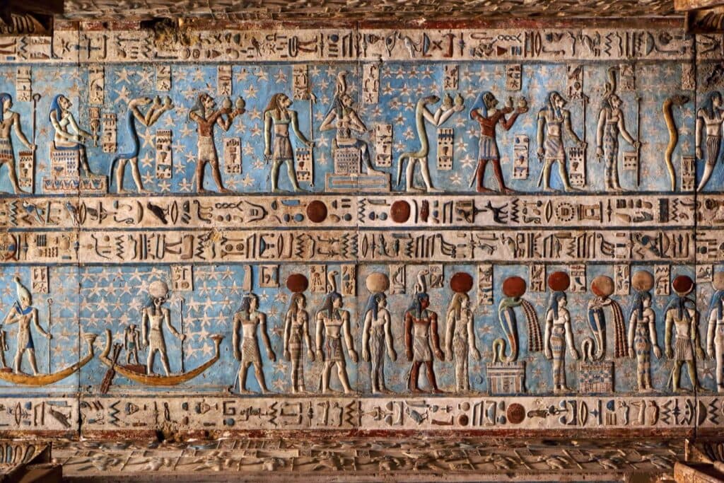 Hieroglyphic carvings in ancient Egyptian temple