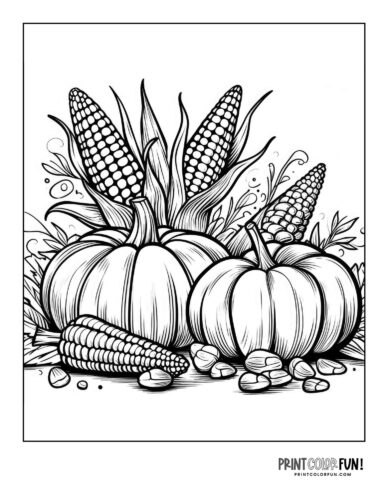 Autumn pumpkins and corn - coloring page from PrintColorFun com