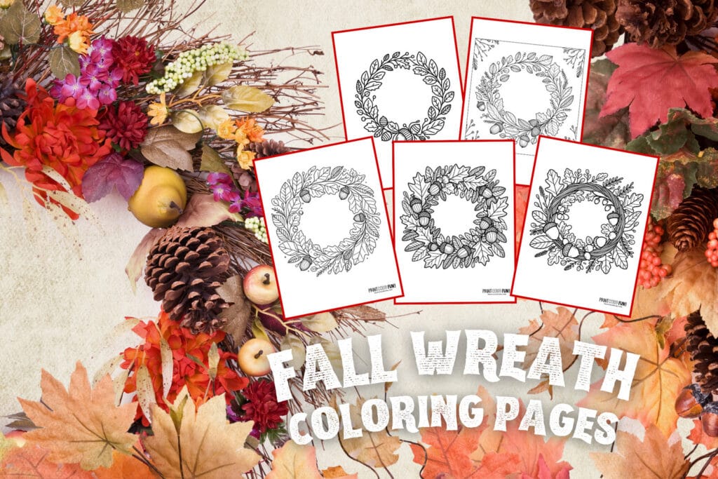 Fall wreath coloring pages - Thanksgiving decor from PrintColorFun com