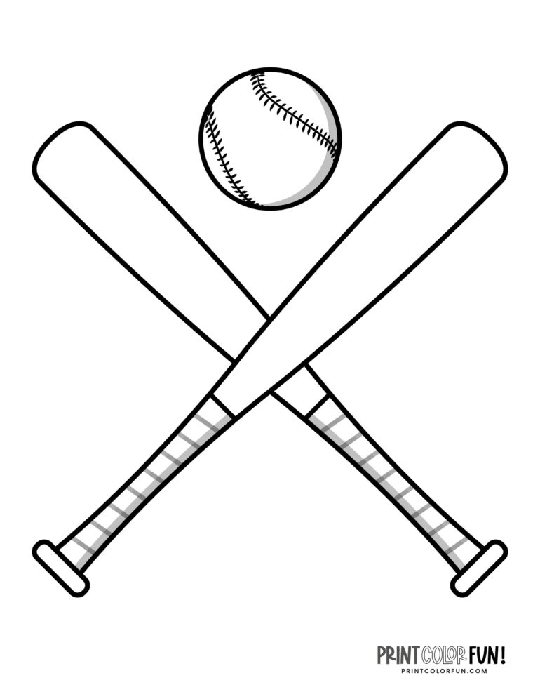 Baseball gear coloring pages: Balls & bats, mitts & hats - Print Color Fun!