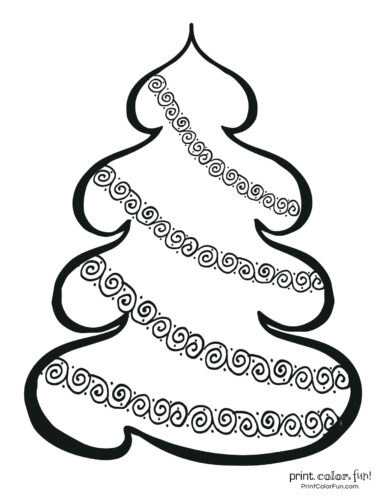 Basic Christmas tree coloring page with curly garlands