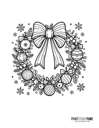 Beautiful Christmas wreath with big bow (2) coloring page at PrintColorFun com