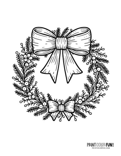 Beautiful Christmas wreath with big bow (4) coloring page at PrintColorFun com