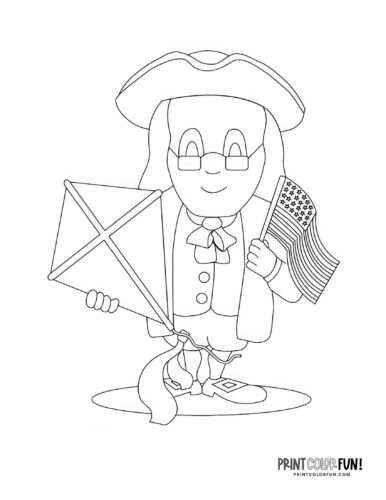 Benjamin Franklin with kite and flag coloring page from PrintColorFun com