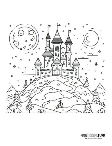Big castle on a hilltop coloring page at PrintColorFun com