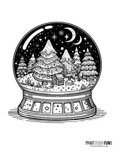 Big trees and cabin snow globe coloring page - PrintColorFun com