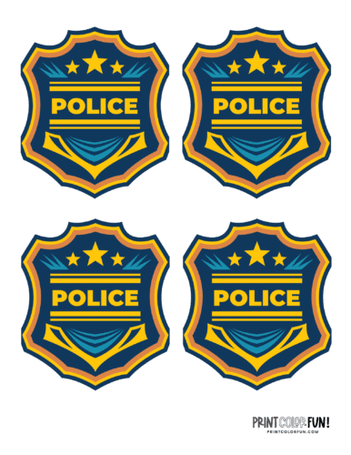 Blue and yellow color printable play police badges from PrintColorFun com (2)
