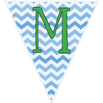 Blue zig-zag party decoration flags with green letters