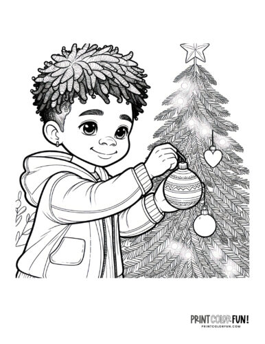 Boy and a Christmas tree coloring page from PrintColorFun com
