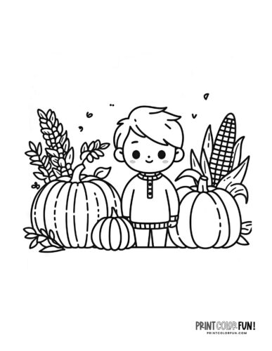 Boy at a farm in fall - coloring page from PrintColorFun com