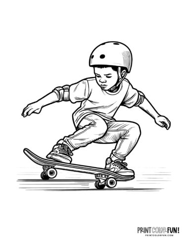 Boy concentrating as he skates on a skatebord coloring page from PrintColorFun com