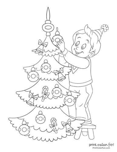 Boy decorating a Christmas tree printable