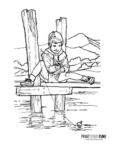 Boy fishing on pier coloring page from PrintColorFun com
