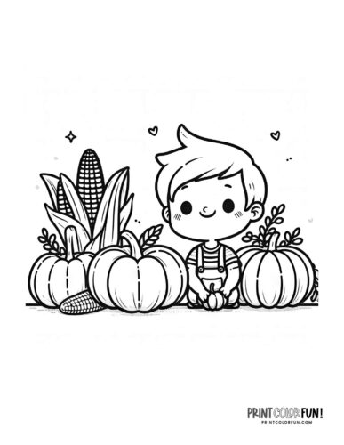 Boy in a pumpkin patch - coloring page from PrintColorFun com