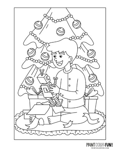 Boy opening Christmas presents coloring page from PrintColorFun com
