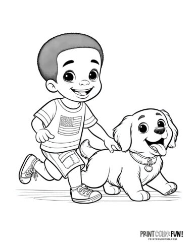 Boy running with a dog coloring clipart from PrintColorFun com