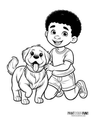 Boy with a cute dog coloring clipart from PrintColorFun com