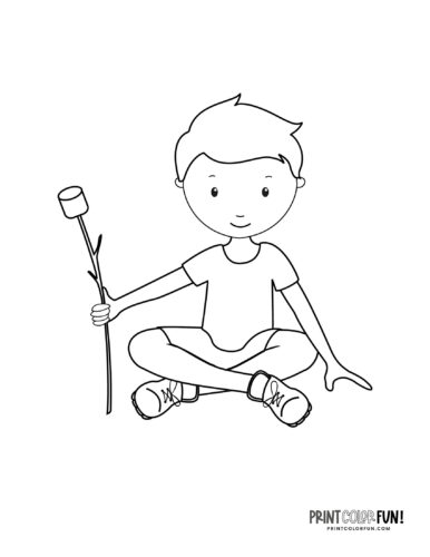 Boy with marshmallow for campfire coloring page from PrintColorFun com