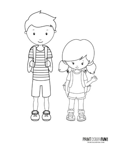 Brother and sister with backpacks coloring page from PrintColorFun com