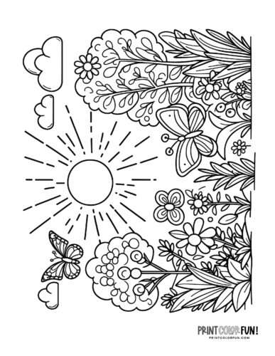 Butterflies in a garden with a sun coloring page - PrintColorFun com