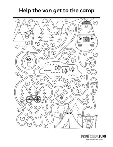 Camping maze to color from PrintColorFun com