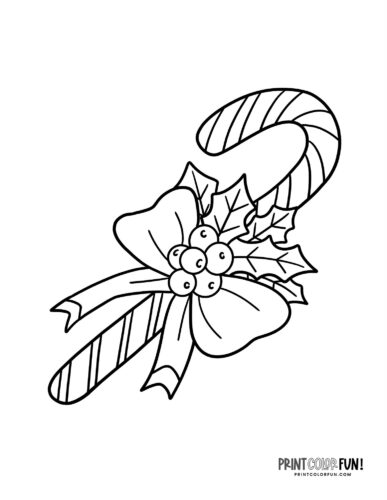 Candy cane with holly and a bow coloring page at PrintColorFun com