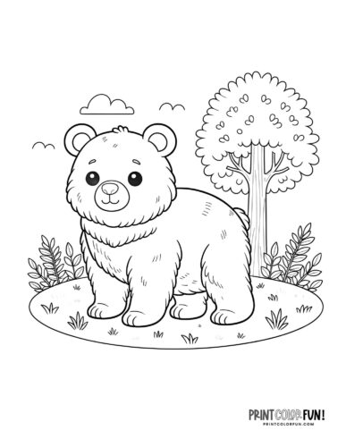 Cartoon bear with a tree outside coloring page - PrintColorFun com
