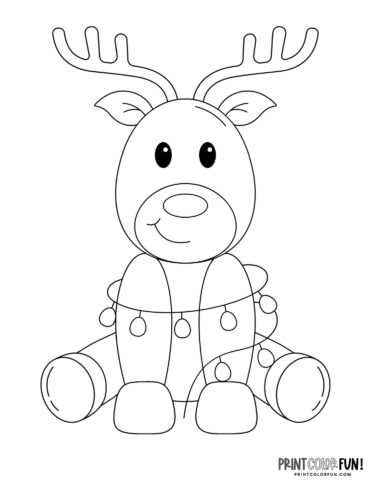 Cartoon cute reindeer wrapped up in Christmas lights coloring book page