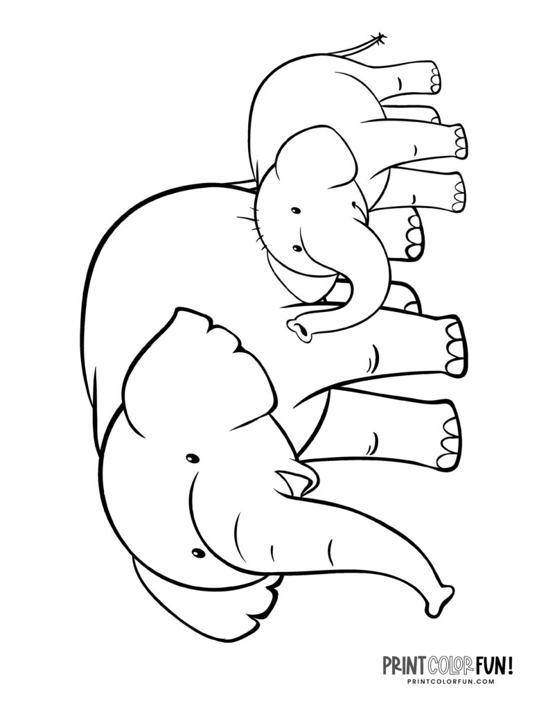 14 cute cartoon elephant coloring pages to print, at PrintColorFun.com