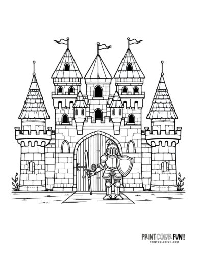 Castle with a knight coloring page at PrintColorFun com