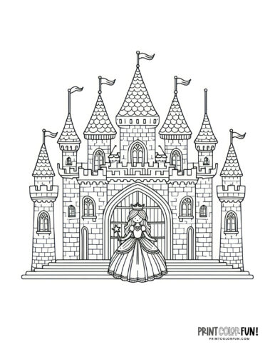 Castle with a princess coloring page at PrintColorFun com