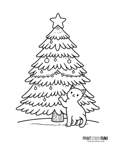 Cat and a Christmas tree coloring page - PrintColorFun com