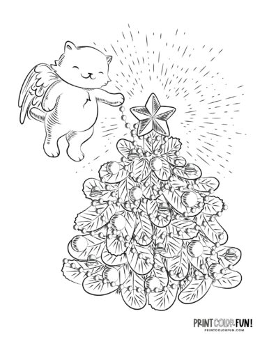 Cat angel with xmas tree coloring from PrintColorFun com
