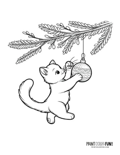 Cat playing with a Christmas ornament coloring page - PrintColorFun com