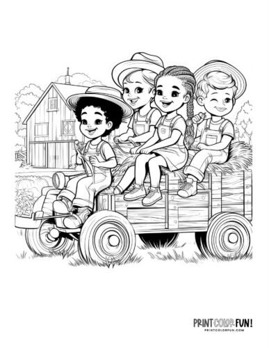 Children having fun on a farm hay ride coloring page from PrintColorFun com
