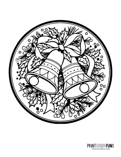 Christmas bells in a circle wreath coloring page at PrintColorFun com