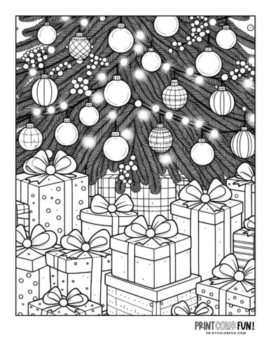 Christmas gifts in front of a decorated Christmas tree coloring page - PrintColorFun com