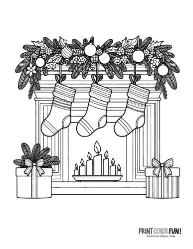 Christmas stockings hung by the fireplace coloring page F PrintColorFun com