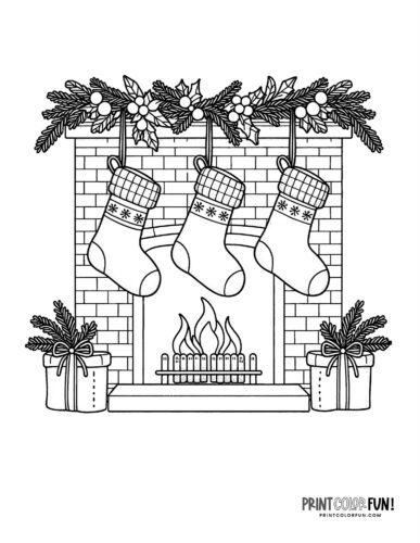 Christmas stockings hung by the fireplace coloring page H PrintColorFun com