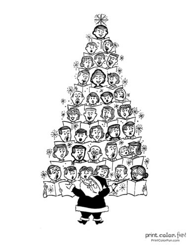 Christmas tree coloring page - Santa leading a choir