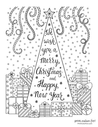 Christmas tree sign or decoration with lettering and presents